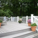 Timbertech deck view from stairs with vinyl Timbertech rail system.